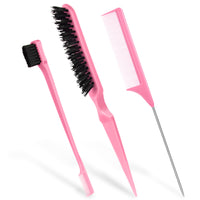 AOOWU 3 Pcs Slick Brush Set, Volume Creating Teasing Brush Set, Hair Styling Comb Set Include Bristle Hair Brush Double Sided Edge Brush Rat Tail Comb for Women Kids Edge Back Hair Smoothing (Pink)