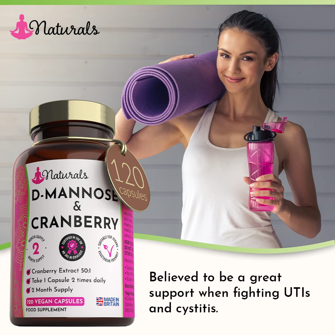 YOGANATURALS 120 D-Mannose and Cranberry Capsules - (2 Months Supply) 1000mg Extract Per Serving - UK Made Vegan Supplement (Not Tablets) - High Strength Natural UTI Support for Women & Men