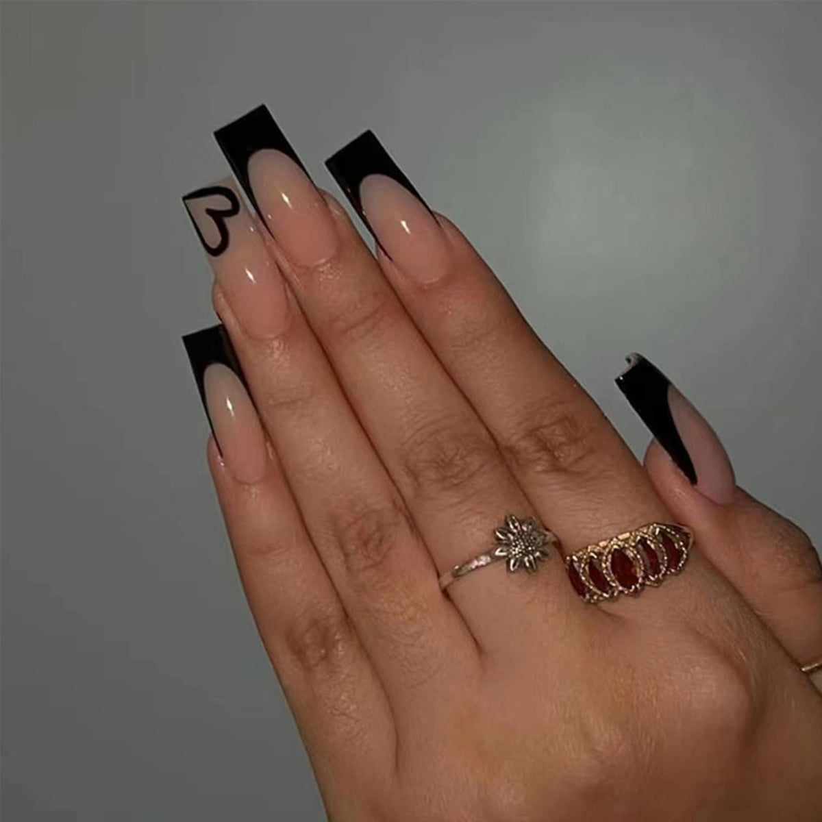 EONFAVE 24pcs French Tip False Nails - Press On Nails Long - French Style Black Edge Heart Stick On Nails With Glue - Long Coffin Shaped Elegant Design Fake Nails