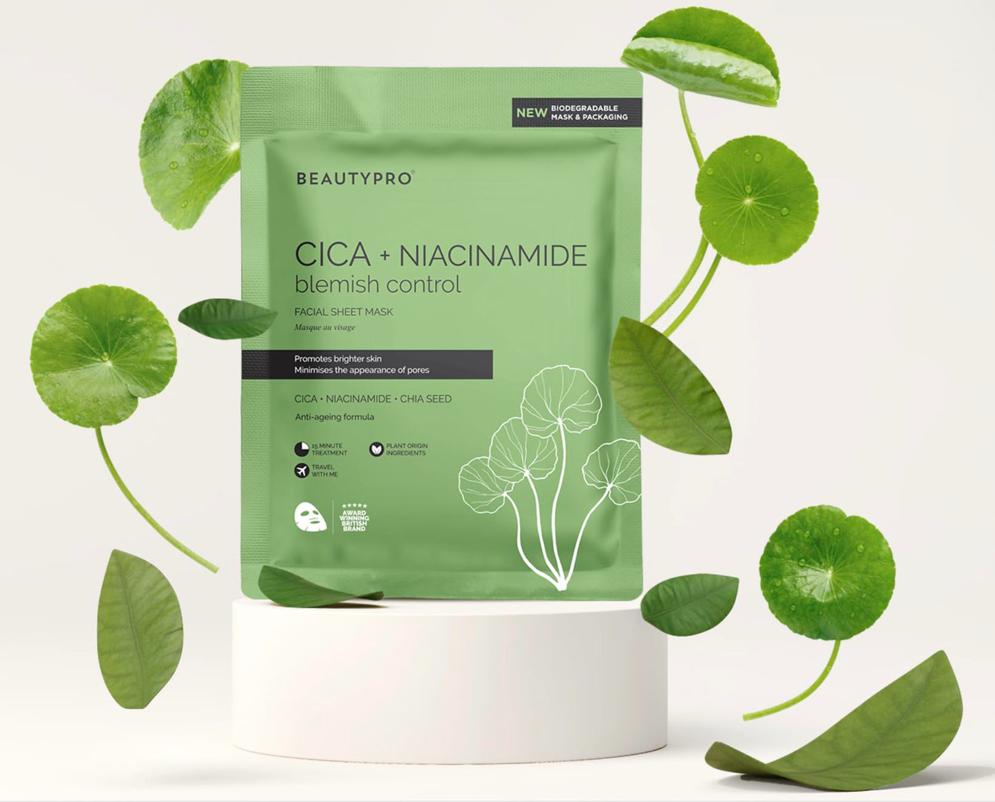 BEAUTYPRO CICA+NIACINAMIDE Blemish Control Face Sheet Mask | 100% Biodegradable | Plant Based Formula | rebalance | hydrate | Minimise Breakouts | Anti-Ageing