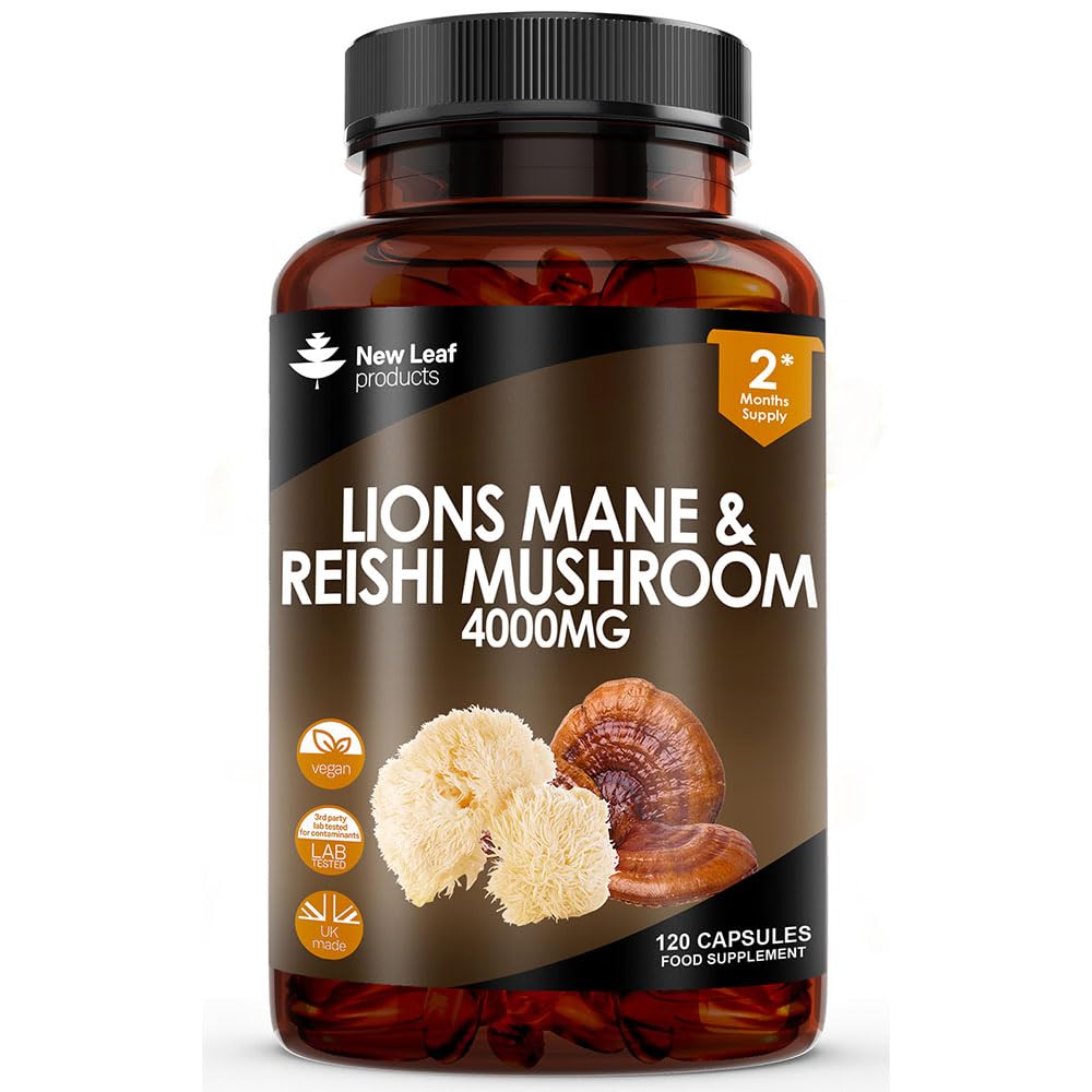 NEW LEAF PRODUCTS Lions Mane Capsules 4000mg + Reishi Mushroom - Lions Mane Supplement High Strength Supplement - 120 Vegan Lion Mane Powder Capsules - Made in UK By New Leaf