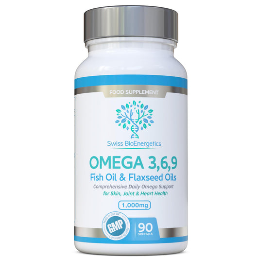swiss bioenergetics Omega Balanced 3, 6 & 9 Fish Oil 1000mg, 90 Capsules - High Strength EPA & DHA Formula derived from Fish & Flaxseed Oil with Added Vitamin E in Easy to Swallow Soft Gel Capsules