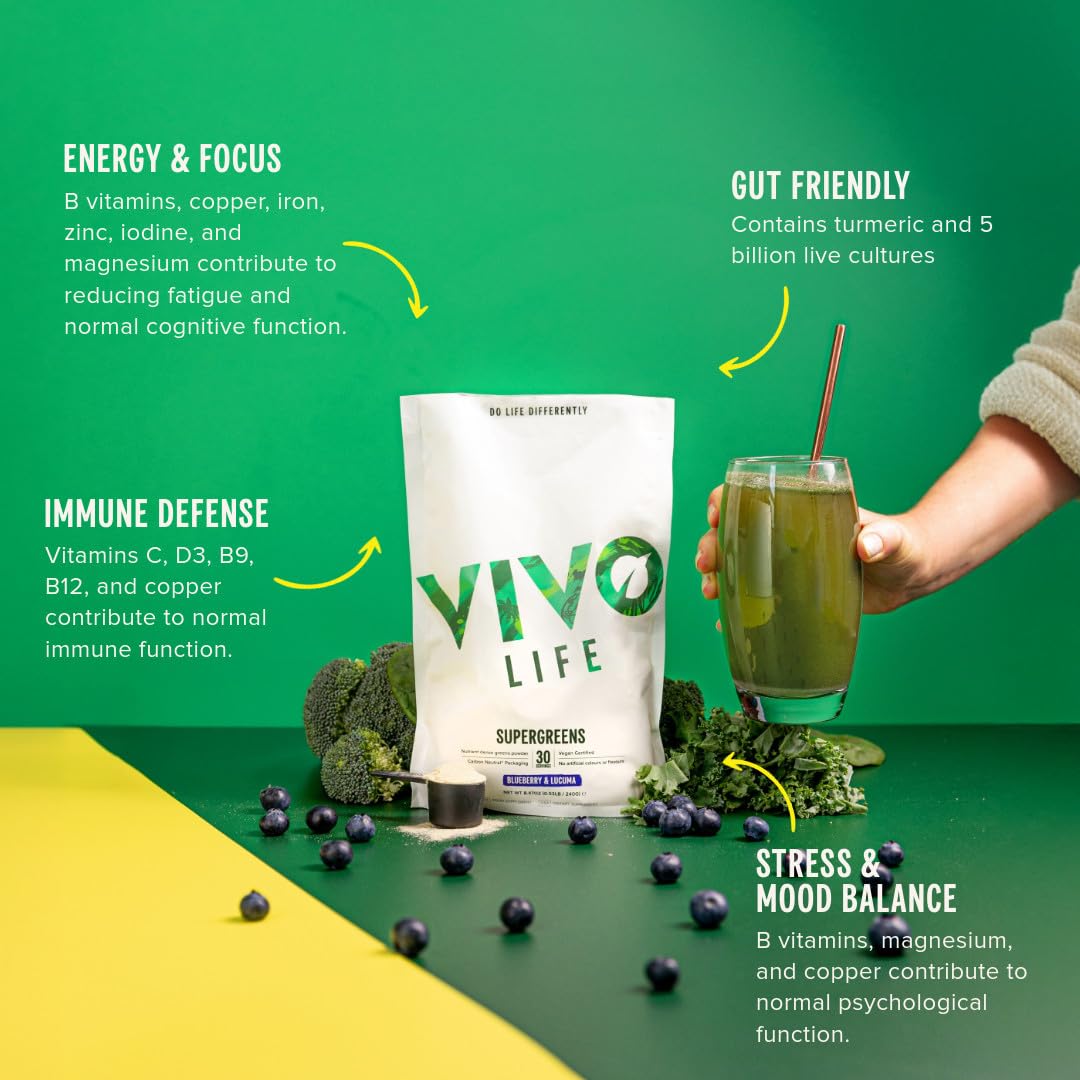 Vivo life - Supergreens, Vegan Superfood with Vitamins, Minerals, Live Cultures, Fruits & Greens, 30 Servings - 240g (Blueberry & Lucuma)
