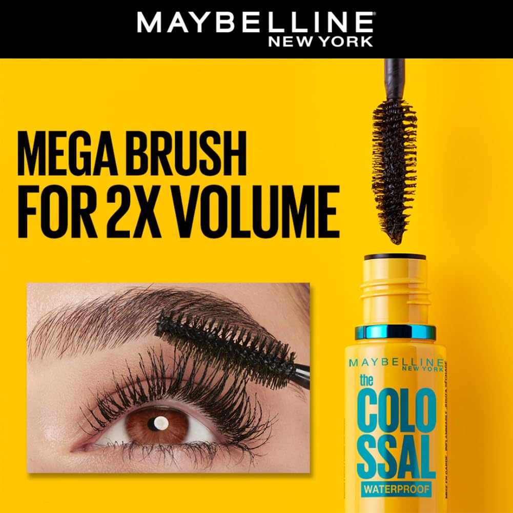 Maybelline Mascara, Colossal Mascara Lengthening and Volumising Waterproof Mascara, Up to 9x Volume in One Coat, Infused with 2x More Collagen, Clump-Free, Bold Black Finish, 01 Black