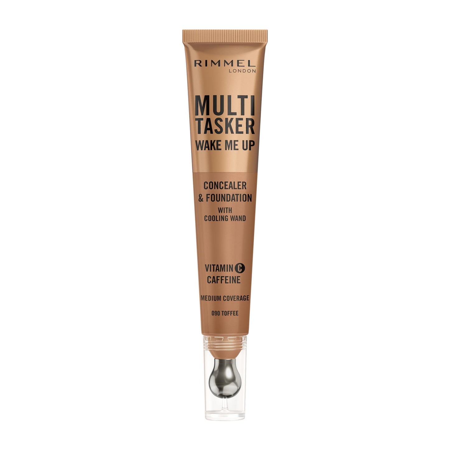 Rimmel Multi-Tasker Wake Me Up Foundation & Concealer 090 Toffee, Depuffs & Brightens Dark Circles, Metallic Cooling Applicator, Caffeine & Victamin C, 2% Niacinamide, Vegan, Cruelty free