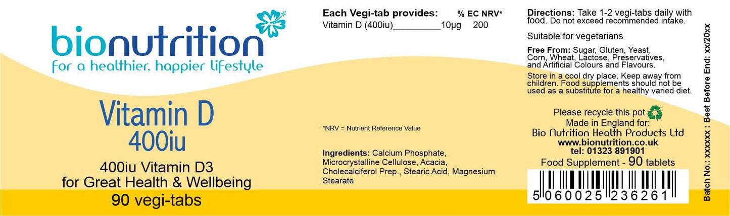Bio Nutrition Vitamin D 10µg (400iu) : Vitamin Well-Being Supplement : 90 vegi-tabs