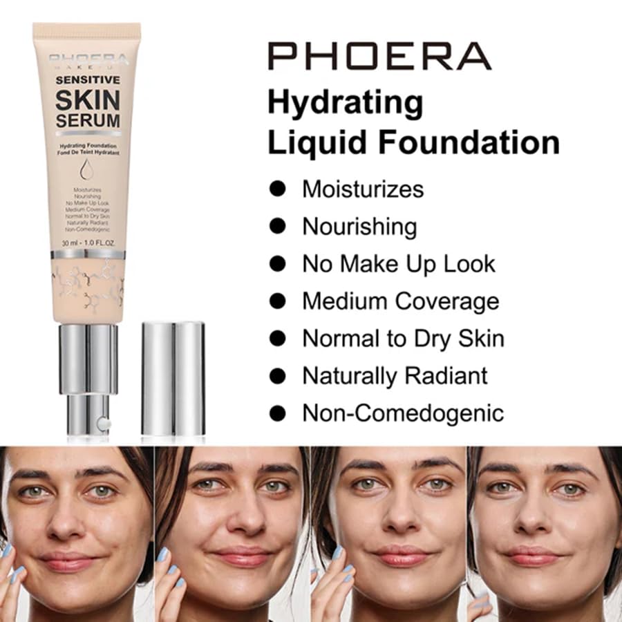 Phoera PHOERA Hydrating Serum Foundation, Hyaluronic Acid, Allantoin, Vitamin E, Tea Tree Oil Ideal For Dry And Sensitive Skin 12HR Skin Hydration, Medium Coverage, (MOCHA, 30ml)