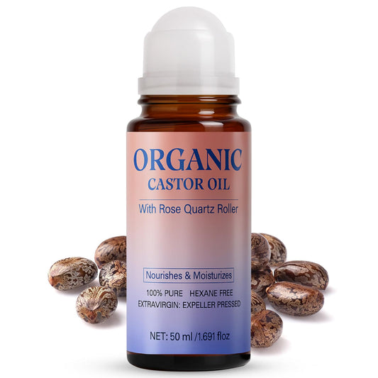 ThamGlow Organic Castor Oil with Rose Quartz Roller, Organic Castor Oil Roll On, Natural Ingredients