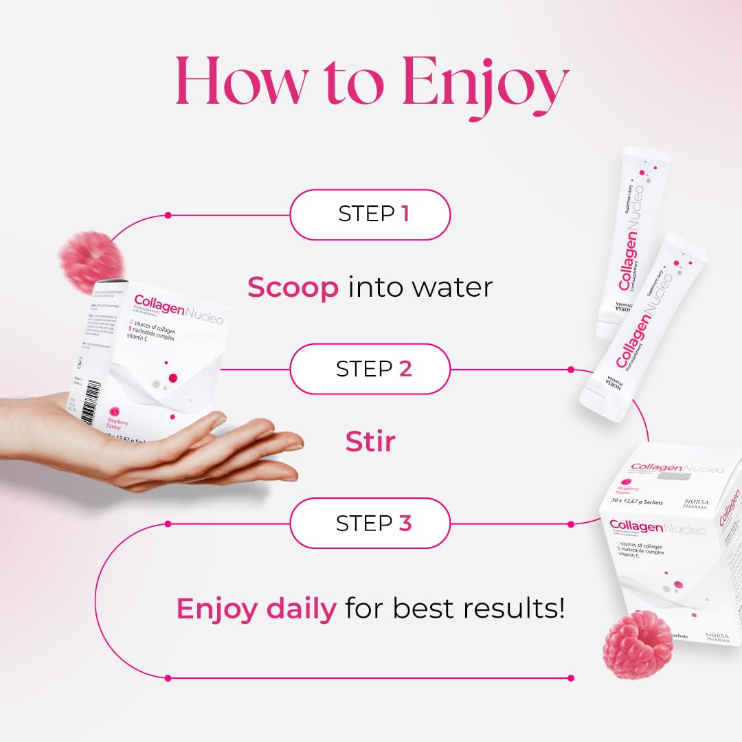 Norsa Pharma Collagen Nucleo (Raspberry / 30 Sachets) | Premium Marine & Bovine Collagen Complex with 5 Nucleotides & Vitamin C | High Bioavailability | Sugar Free | For Skin, Joint & Immunity Support