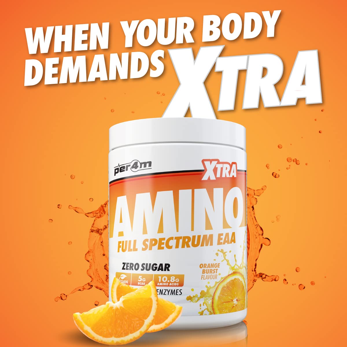 per4m Per4m Amino Xtra | 30 Servings of Full Spectrum EAA with Proteolytic Enzymes | Vegan Friendly | Zero Sugar Amino Acid (Orange Burst, 420g)