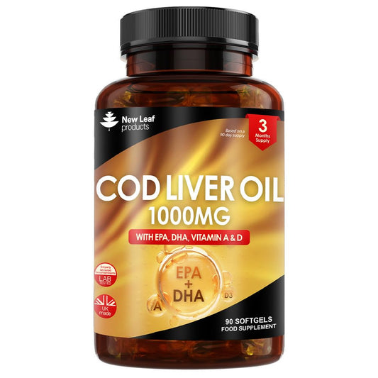 Cod Liver Oil Capsules 1000mg - 90 Cod Liver Capsules High Strength Softgels- Cod Liver Oil Rich in Omega 3 EPA DHA Fatty Acids + Vitamins A & D, High Strength Fish Oil - UK Made, by New Leaf