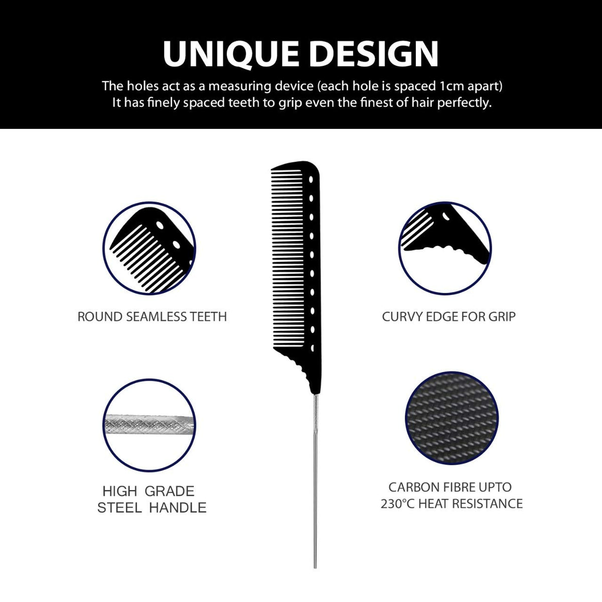 Majestik+ Measure & Style: Innovative Tail-Pin Hair Comb with Built-in Scale - Professional Carbon Fiber, High Heat Resistant (230°C), Strong, Durable, and Fine-Toothed in Stylish Black