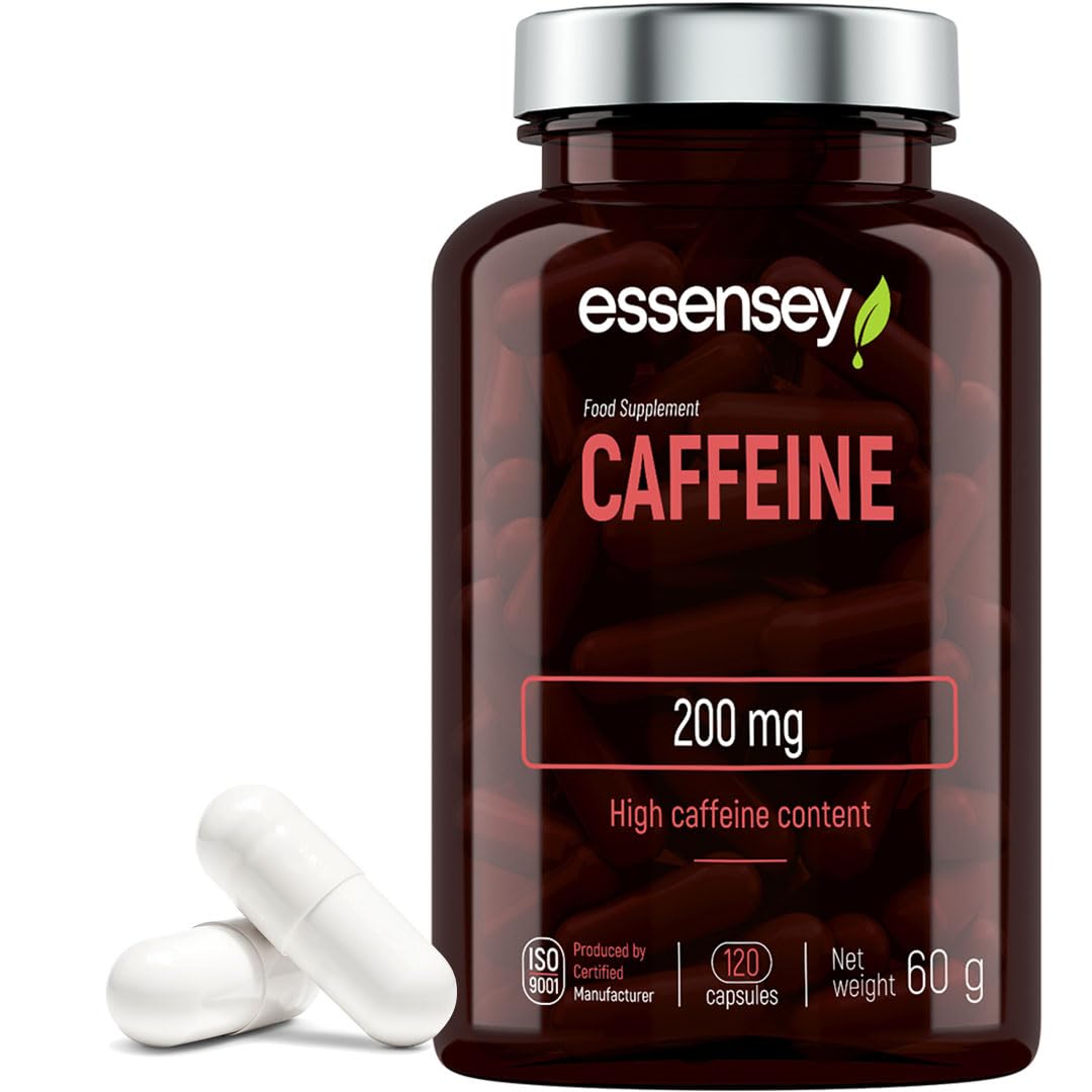 ESSENSEY Essensey Caffeine 200mg Capsules - High Dose of Caffeine - Added Grapefruit Extract 50mg - Energise Your Day with a Natural Boost of Physical and Mental Performance - Dietary Supplement - 120 capsules