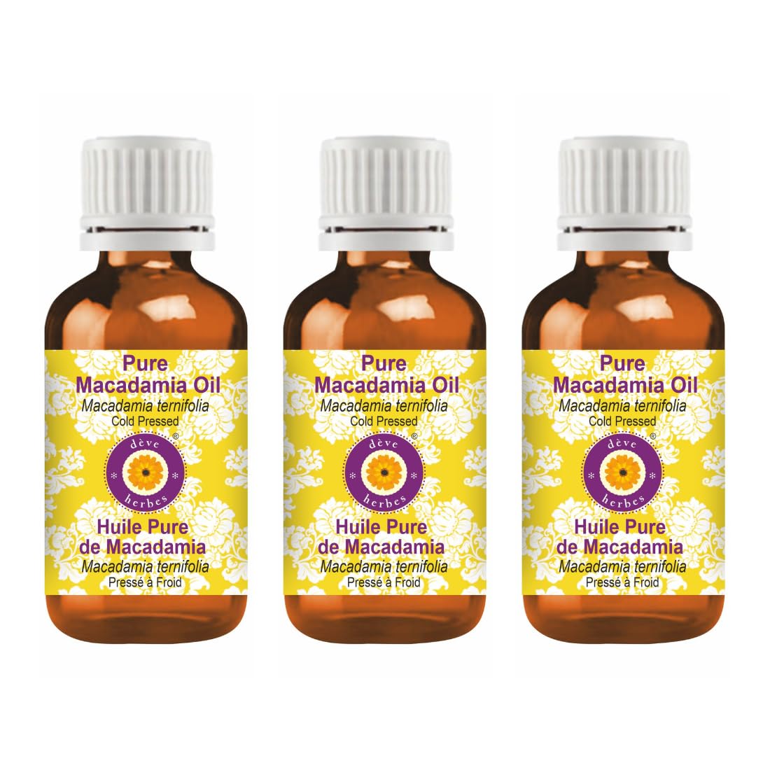 Deve Herbes Pure Macadamia Oil (Macadamia ternifolia) Non-Sticky | Non-Greasy | For Skin, Hair, Massage & DIY Use 100ml X 3