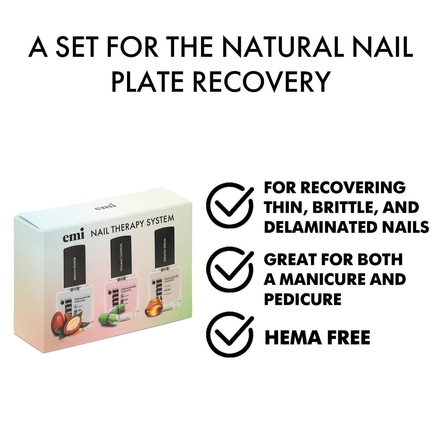 EMI Nail Care Power Trio for strong, healthy, and nourished nails vitamin therapy Argan Power A, E, and F Vitamin Complex Keratin Serum protective shield Emi Nail Therapy System