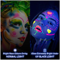 LOPHE UV Body Painting Set, 6 Pcs 30ML Ultraviolet Glow Face Paint with UV Lamp, UV Glowing Neon Liquid Face Painting, Non Toxic Face Body Paint for Carnival Halloween Cosplay Makeup Art Paint