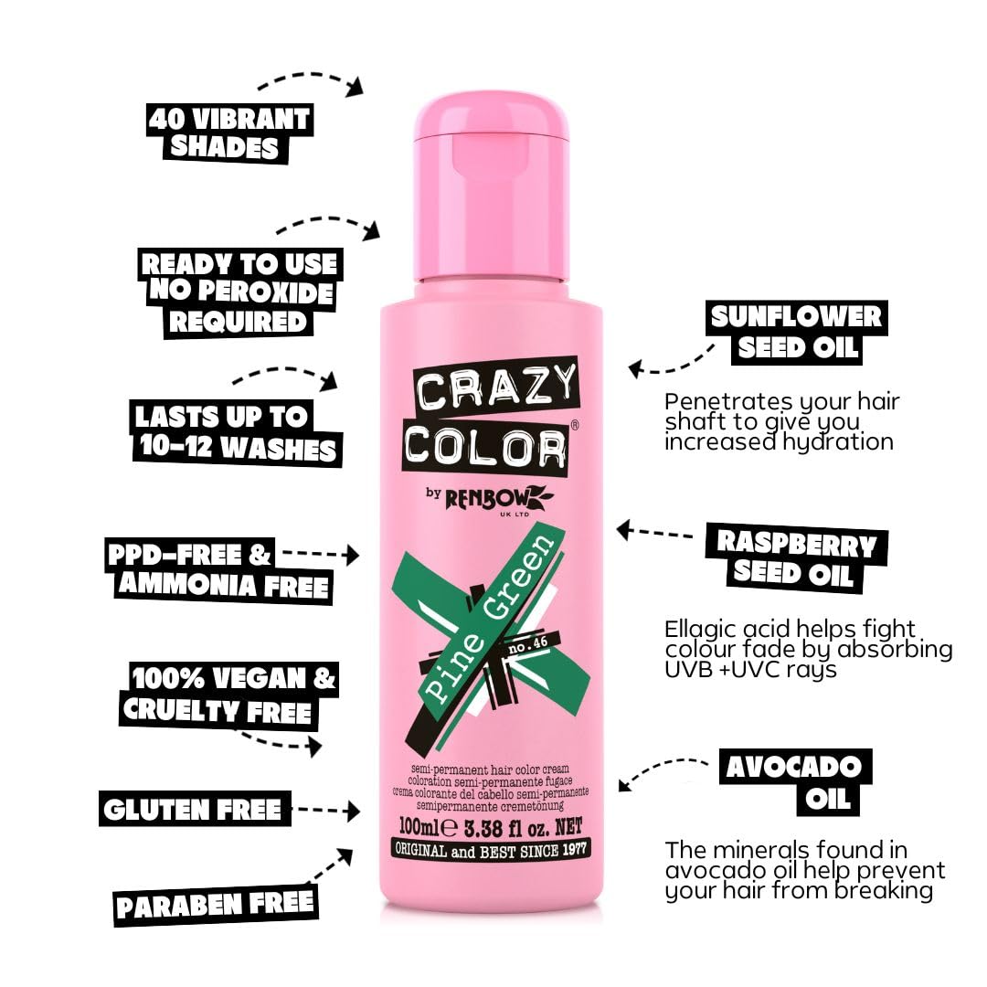Crazy Color Vibrant Pine Green Semi-Permanent Duo Hair Dye. Highly Pigmented Dark Green Conditioning & Oil Nourishing Vegan Formula | No Bleach or Ammonia | 200ml