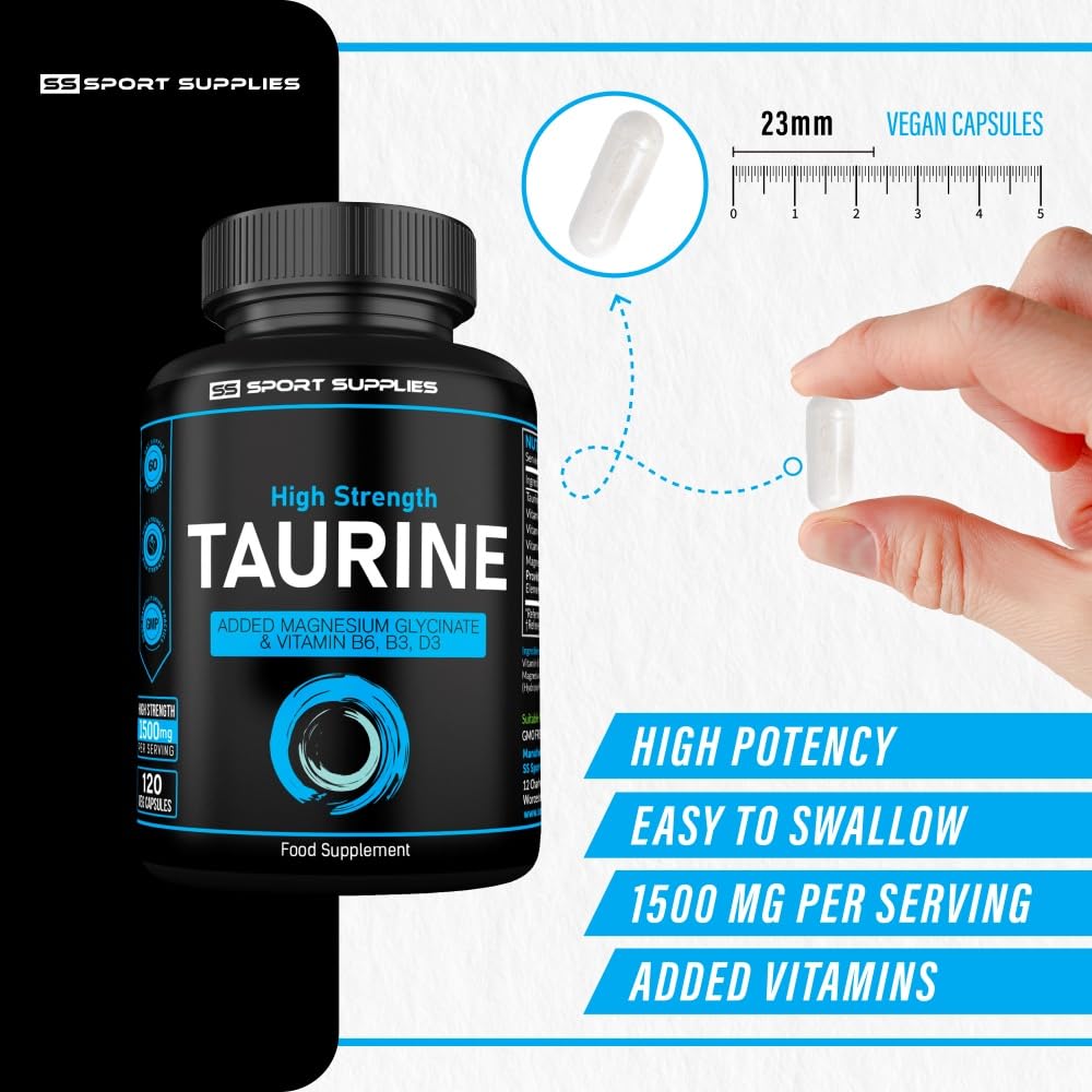 SS Sport Supplies Taurine Supplement 1500mg Capsules Per Serving - Added Magnesium Glycinate, Vitamin B6, B3 and Vitamin D3-120 High Strength Taurine Capsules - (2 Capsules Per Serving)