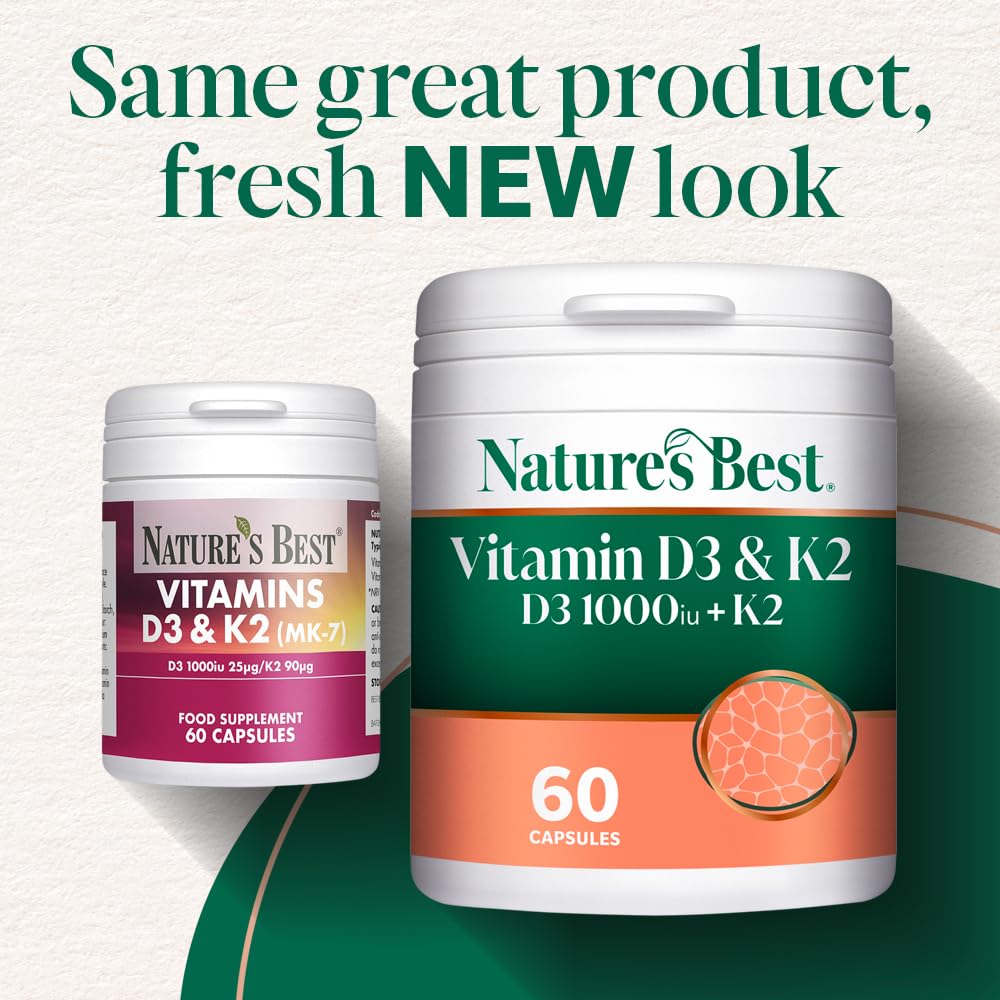 NATURE'S BEST Nature's Best Bone & Immune Boost - High Strength Vitamin D3 1000iu & K2 90µg - Optimal Support for Bones, Teeth, and Immune Function - UK Made - 60 Capsules (2 Months' Supply)