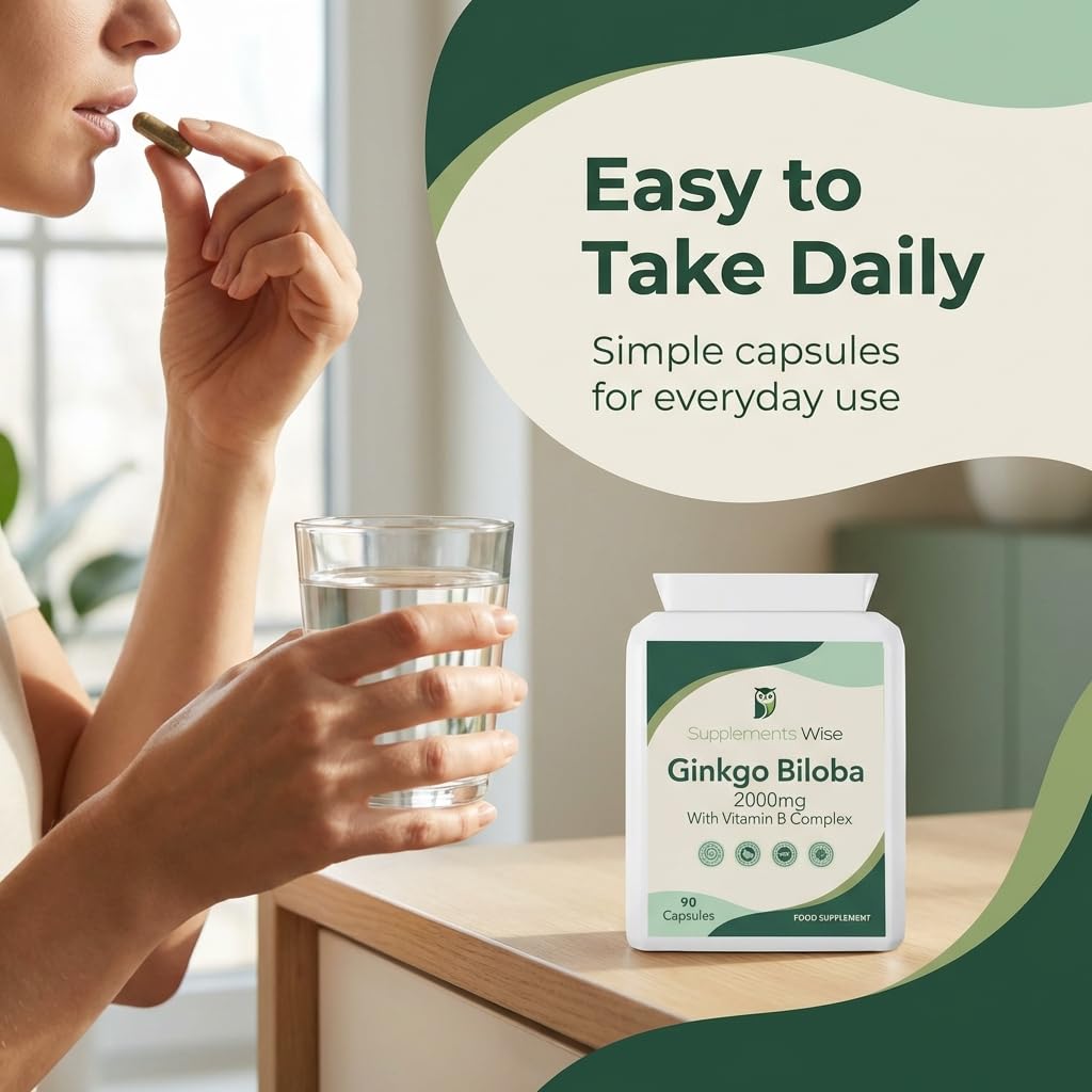 Supplements Wise Ginkgo Biloba Capsules 90 x 2000mg - Dizziness and Vertigo Treatment - Focus Tablets, Concentration Pills for Brain, Memory - Blood Circulation -Ginkgo Biloba Herbal Supplements with Vitamin B Complex