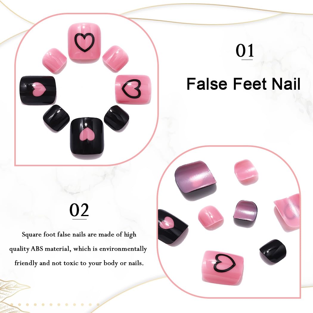 Handcess Glossy False Toenails Black Pink Press on Toe Nail Heart Fake Toenails Full Cover Acrylic Toe Nail Art Tips for Women and Girls 24Pcs