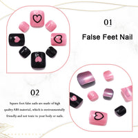 Handcess Glossy False Toenails Black Pink Press on Toe Nail Heart Fake Toenails Full Cover Acrylic Toe Nail Art Tips for Women and Girls 24Pcs