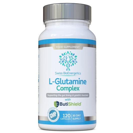 swiss bioenergetics L-Glutamine Complex with Butyric Acid, Glucosamine (N-Acetyl-D), Marshmallow Root, Slippery Elm Bark, Liquorice Root, Chamomile Flower, Mastic Gum, Quercetin & Zinc - UK Made and No Artificial Nasties