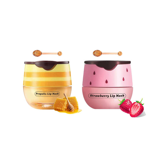 TUHOWEWZ Honey+Strawberry Balm Lip Mask Set, Moisturizing Lip Care With Natural Oils for Day & Night, Repair Honey Bee Lips Balm Reduce Lip Lines & Wrinkle