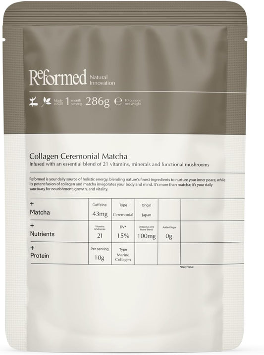 Reformed Collagen Matcha Powder - Marine Collagen & Matcha Powder with Functional Mushrooms - Boosts Skin Elasticity, Supports Focus & Digestion - Enhanced w/ 21 Vitamins/Minerals - 286 g