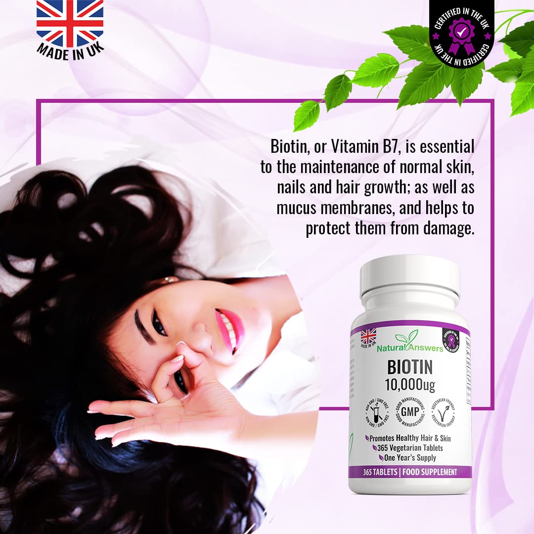 Natural Answers 365 Biotin Hair Growth Tablets (1 Years Supply) - Vegetarian 10,000UG Vitamin B7 Supplements for Men and Women, Healthy Hair, Skin & Nails Support - UK Manufactured
