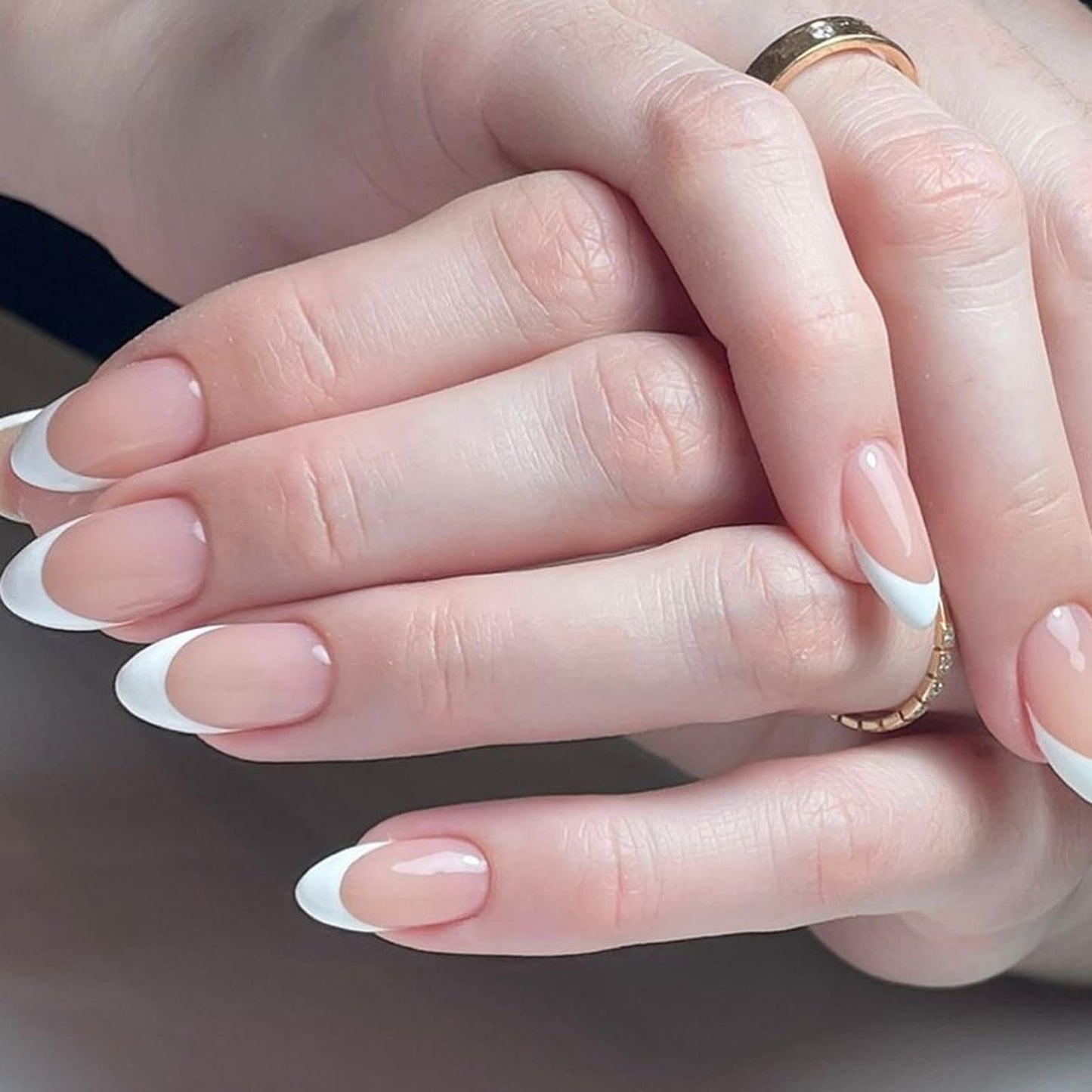 EONFAVE Almond False Nails - 30Pcs French Tip False Nails Oval - Nude Natural French Style Almond Press on nails - Medium Length Glossy Full Cover Glue on Nails - Removable Nail DIY Nail Art