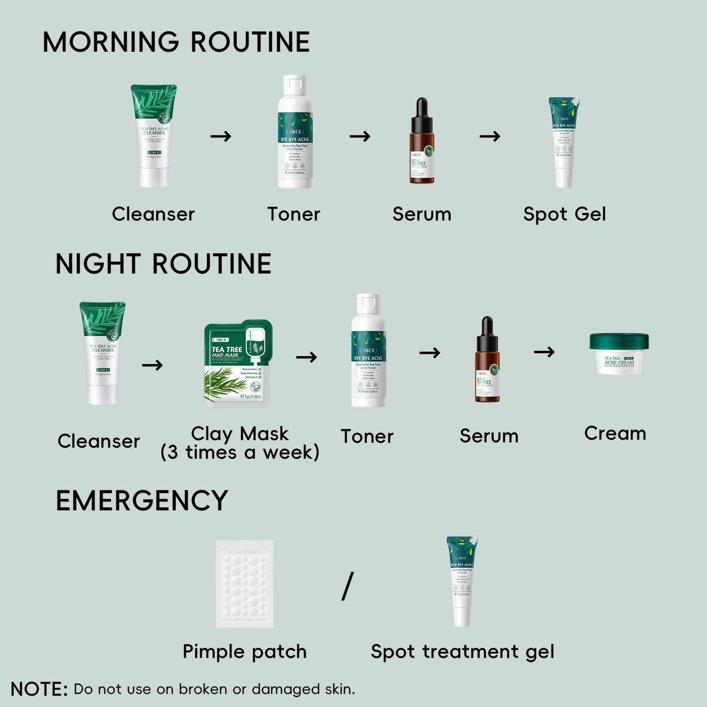LAIKOU Tea Tree Skincare Set , Anti-Acne Face Care Kit with Cleanser, Toner, Serum, Spot Gel, Cream, Mud Mask & Pimple Patches, Oil Control & Soothing for Teenage Girls, Women & All Skin Types