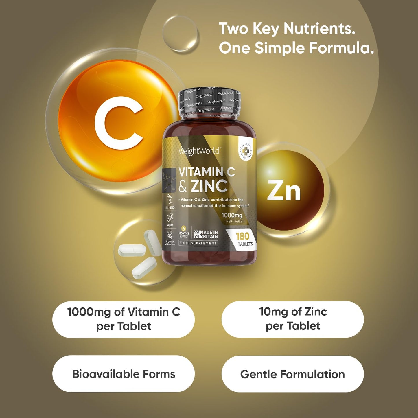 WeightWorld Vitamin C and Zinc Supplements - 6 Months Supply - 180 Tablets - 1 per Day - 1000mg L-Ascorbic Acid & 10mg Zinc Bisglycinate - Vegan-Friendly & Non-GMO - Vitamin C Tablets for Men & Women
