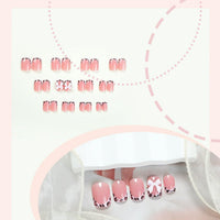 Generic Leopard French Tip Press on Nails - Short Square Pink Acrylic Fake Nails with Jelly Glue, Full Cover, 24 Pcs, Cute Bow Design, Durable & Easy to Apply for Women