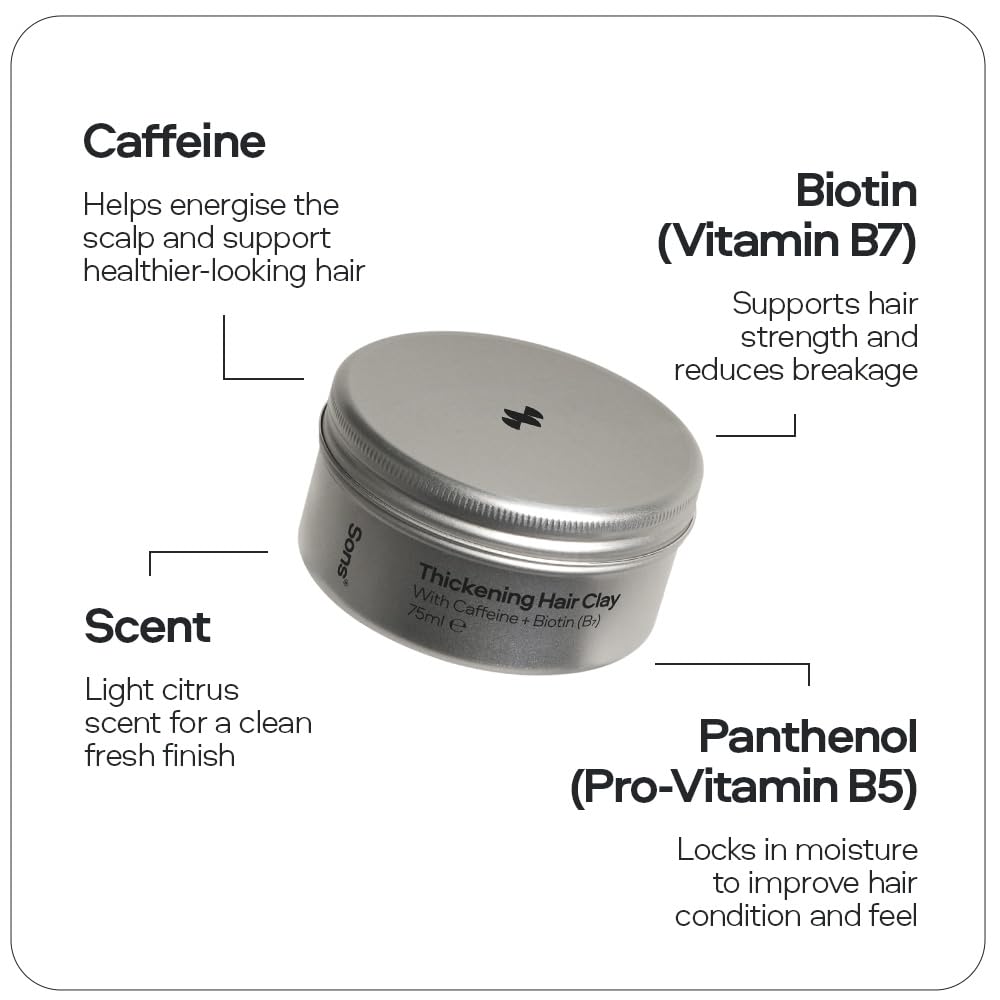 Sons Thickening Hair Clay with Caffeine & Biotin, Hair Growth for Men.