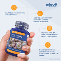 Garlic Tablets 1400mg, 2100mcg Allicin per Tablet with Added Vitamin B1. Supports Heart Health. 180 Vegan Tablets. 6 Months Supply.