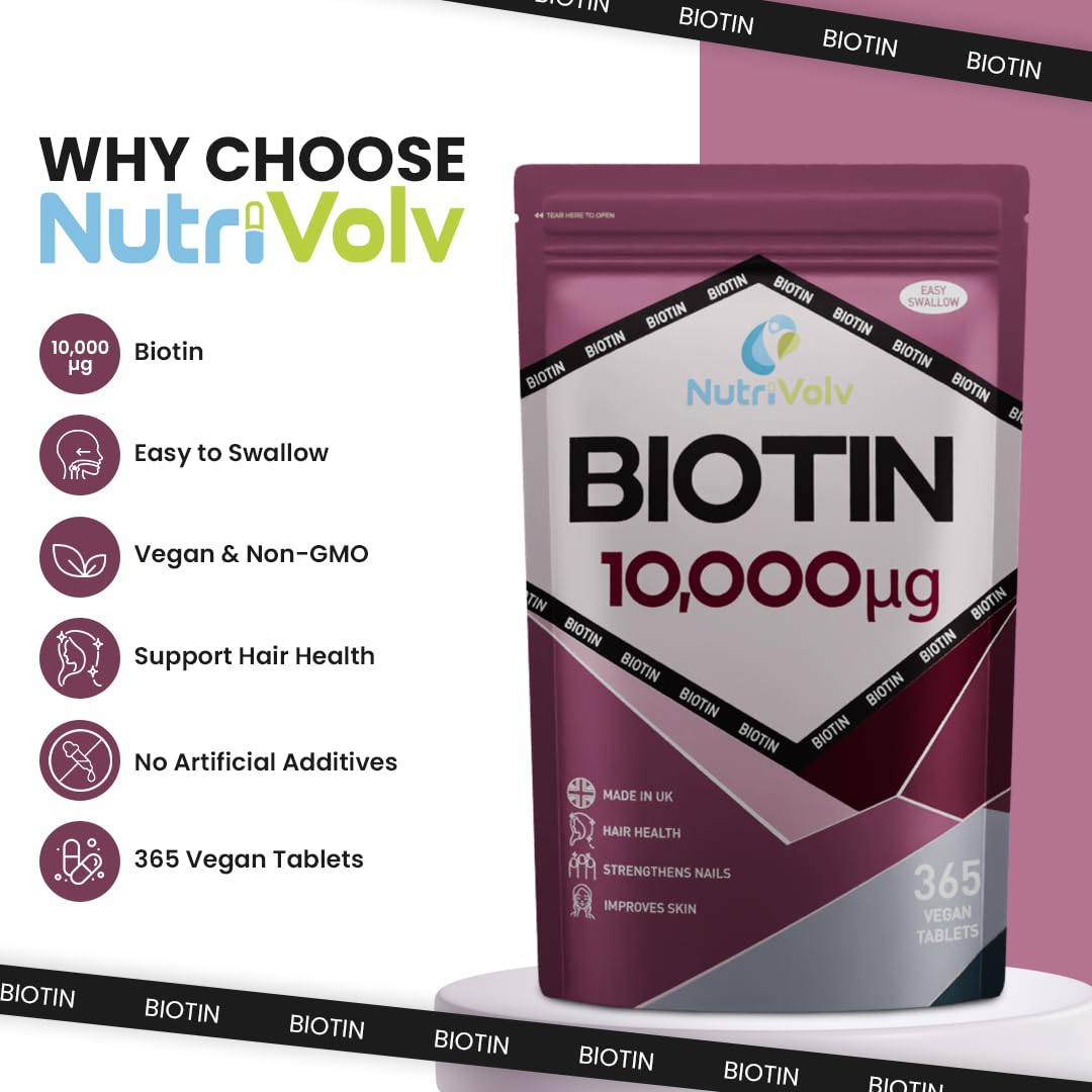 NutriVolv Biotin Hair Growth Supplement | 1 Year Supply | 10,000mcg Per Tablet | 365 Vegan Tablets | Hair Skin & Nails Vitamins for Women & Men | High Absorption D-Biotin | Hair Growth Vitamins | UK Made