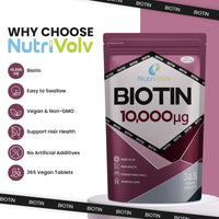 NutriVolv Biotin Hair Growth Supplement | 1 Year Supply | 10,000mcg Per Tablet | 365 Vegan Tablets | Hair Skin & Nails Vitamins for Women & Men | High Absorption D-Biotin | Hair Growth Vitamins | UK Made