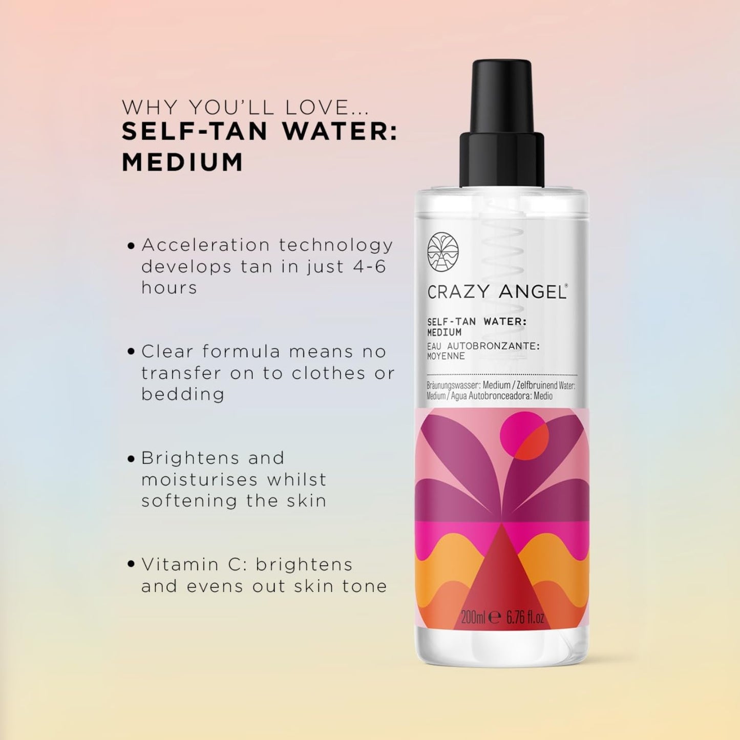 Crazy Angel Vegan Self-Tan Water (Buildable/Medium tan). Made in UK. 200ml.