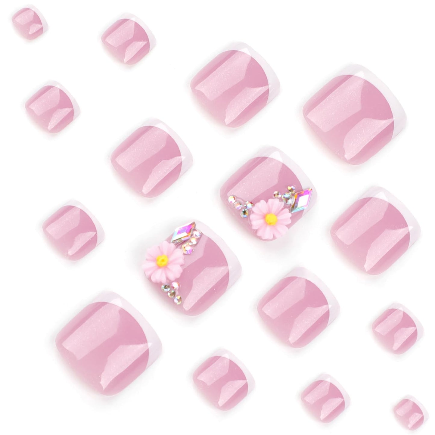 Ceboic Pink Flowers French Press on Toenails Short Square, Spring Summer Glitter Fake Toe Nails with Rhinestones Designs, Full Cover Beach False Toenails, Cute Acrylic Gel Glue on Toe Nails for Women 24Pcs