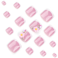 Ceboic Pink Flowers French Press on Toenails Short Square, Spring Summer Glitter Fake Toe Nails with Rhinestones Designs, Full Cover Beach False Toenails, Cute Acrylic Gel Glue on Toe Nails for Women 24Pcs