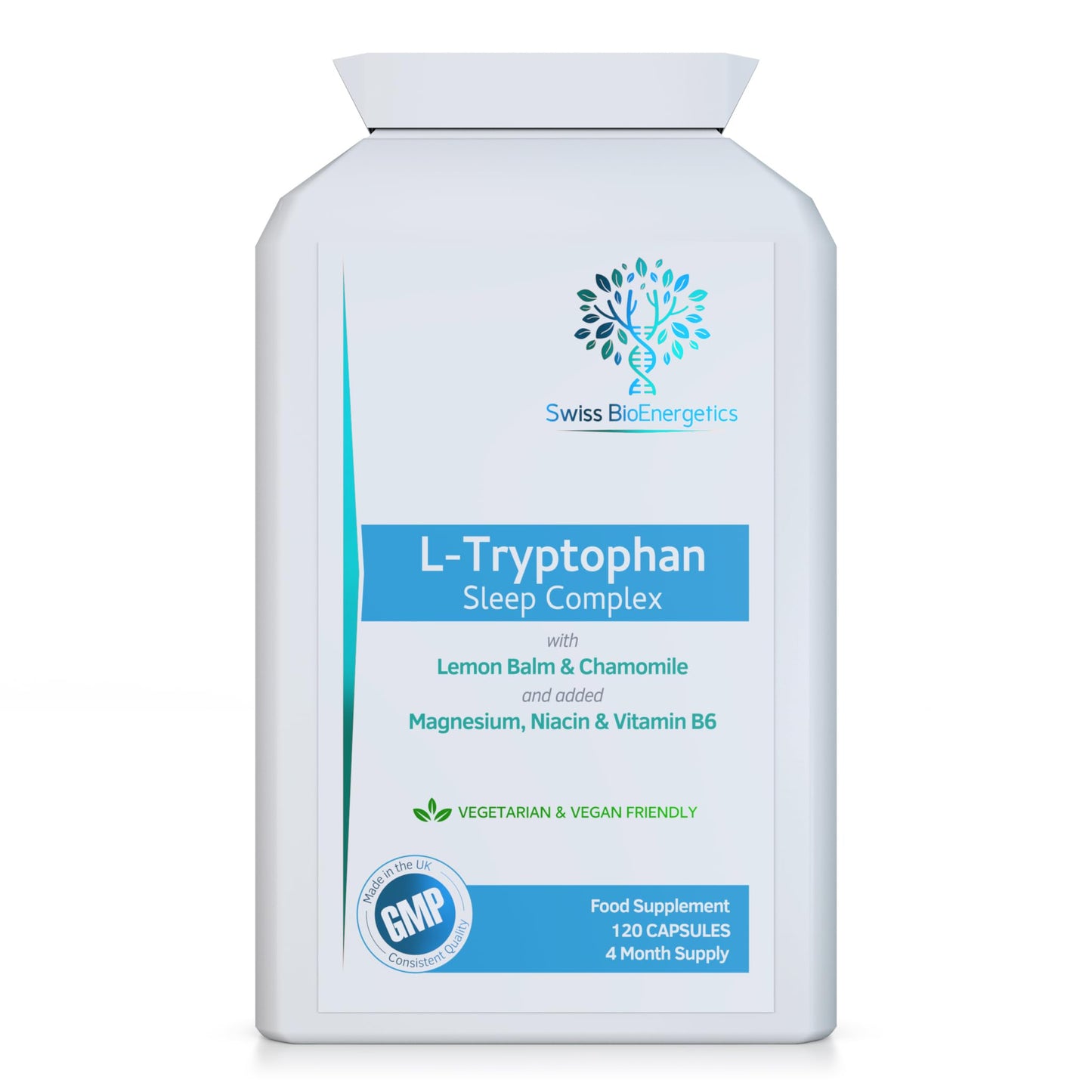 swiss bioenergetics L-Tryptophan 220mg - 120 Capsules/Sleep Complex with Added Lemon Balm, Chamomile, Magnesium, Niacin & Vitamin B6 - Natural Alternative to Melatonin / 4 Month Supply – Made in The UK