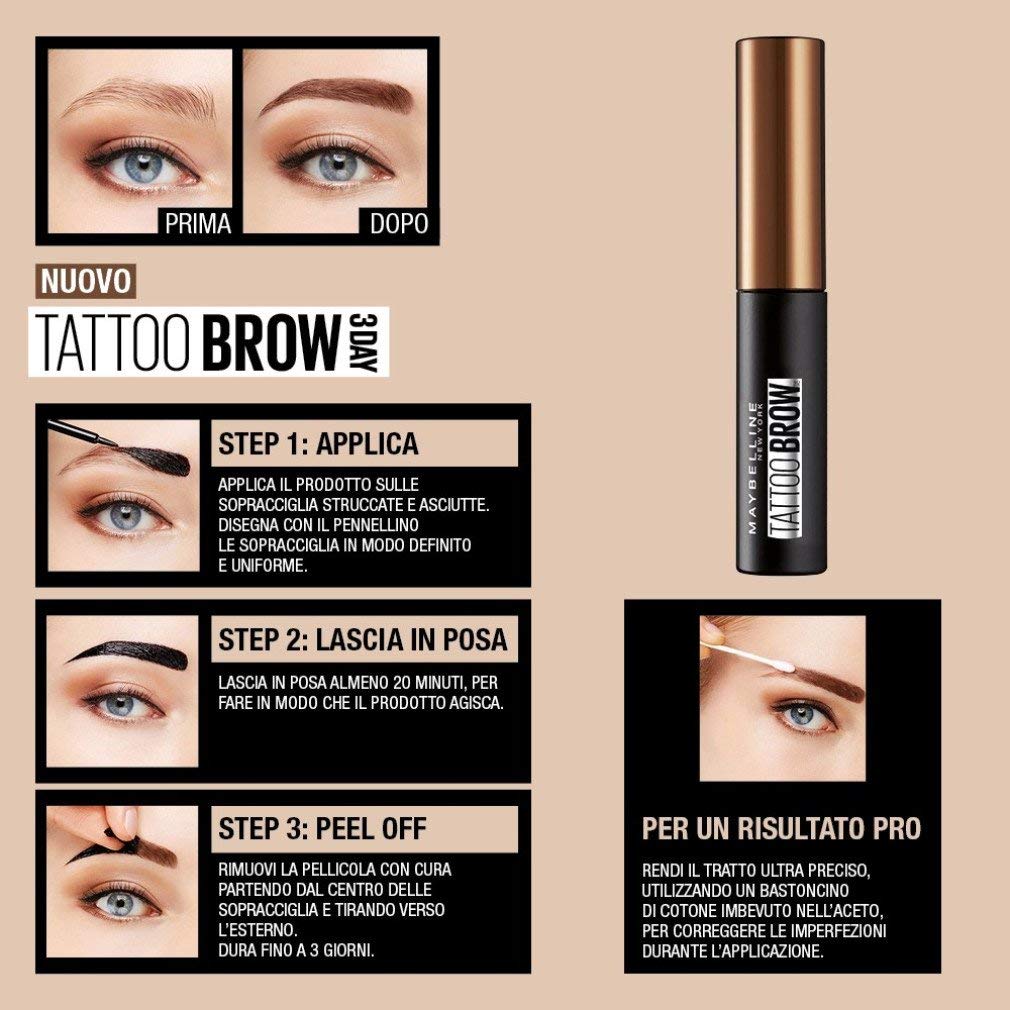 Maybelline New York Tattoo Brow Peel Off Eyebrow Gel Tint, Semi-Permanent Colour, Waterproof, Lasts up to 3 Days, Colour: Black Brown