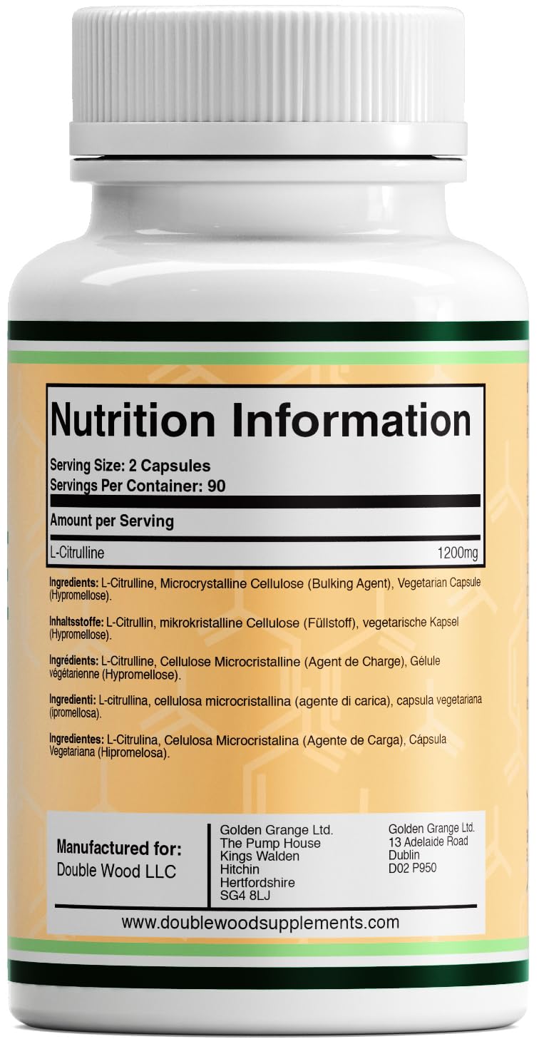 Double Wood Supplements Double Wood L Citrulline | 180 L-Citrulline Capsules - 1200mg L Citrulline per Serving | 90 Servings | Nitric Oxide Supplement | Promotes Cardiovascular and Muscle Health | Non-GMO | UK Manufactured
