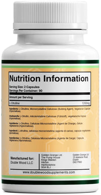Double Wood Supplements Double Wood L Citrulline | 180 L-Citrulline Capsules - 1200mg L Citrulline per Serving | 90 Servings | Nitric Oxide Supplement | Promotes Cardiovascular and Muscle Health | Non-GMO | UK Manufactured
