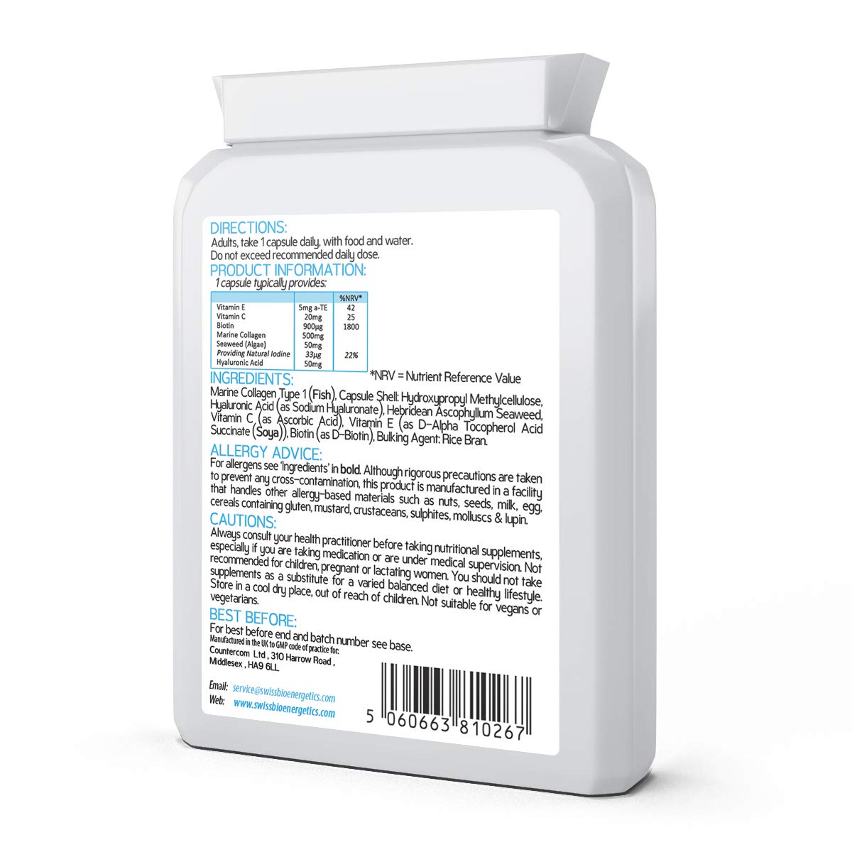 swiss bioenergetics Marine Collagen & Hyaluronic Acid Complex - 60 Capsules - 500mg of Highly Bioavailable Naticol® Hydrolysed Collagen
