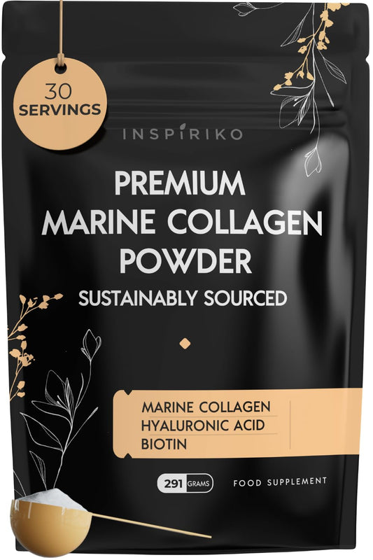 Inspiriko Marine Collagen Powder for Women - Marine Collagen with Hyaluronic Acid, Vitamin C, Biotin & MSM. Hydrolyzed Collagen Peptides Powder. 30 Servings
