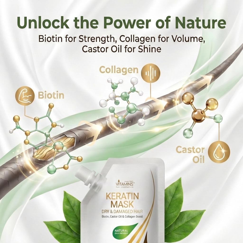 VITAMINS hair cosmetics VITAMINS Hair Cosmetics Keratin Hair Mask for Damaged Hair - Protein Keratin Treatment Deep Conditioner for Dry Locks - Collagen Biotin & Castor Oil Repair Dryness & Enhance Shine - 100 ML