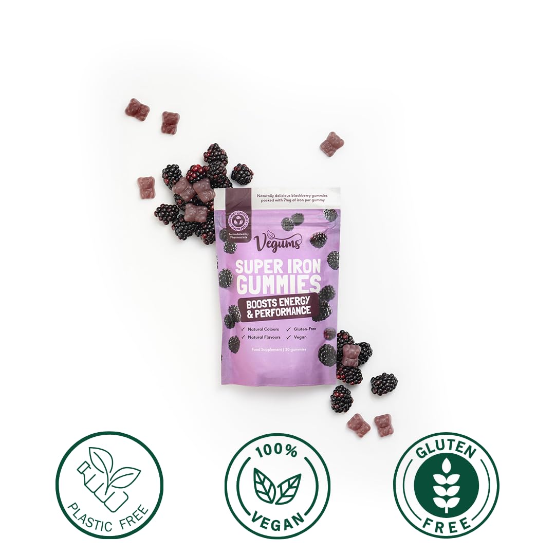 Vegums Super Iron Gummies - Family-Friendly Iron Supplement for All Ages - 30 Servings - BlackBerry Flavour - Vegan & Easy-to-Take - Supports Energy, Immunity & Red Blood Cell Health
