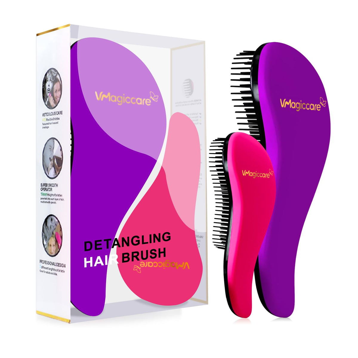 VMAGIC CARE Detangling Hairbrush - glide the Detangler Hairbrush through Tangled hair Best Brush Comb for Women, Girls, Men & Boys - Use in Wet and Dry Hair (Purple Big + Rose Red Small)